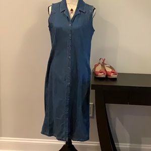 Caslon denim dress. Snap front, mid calf. Size 10.